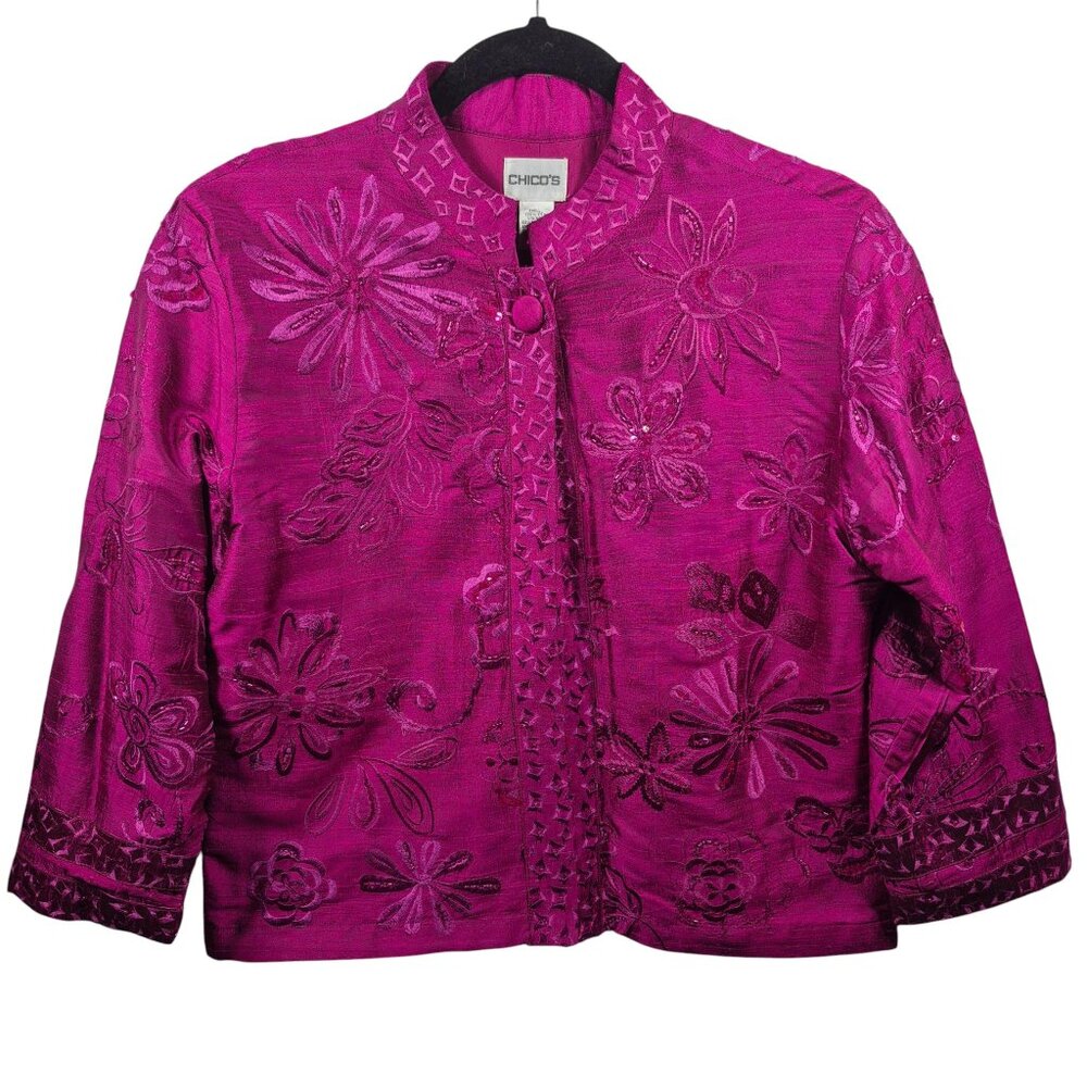Chicos Jacket Womens Medium Silk Blazer Buttons Floral Sequins Embroidered